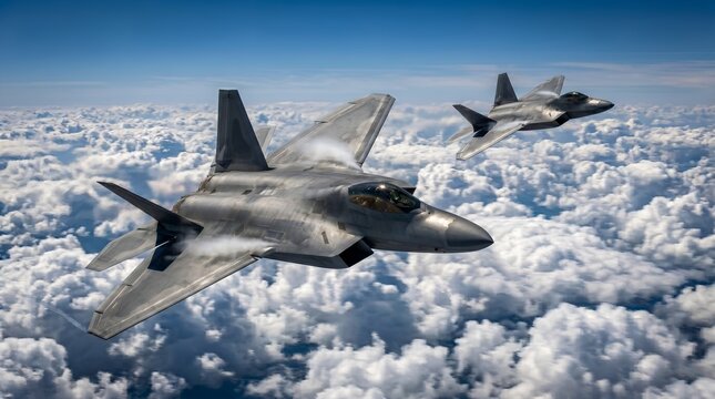 Two advanced stealth fighter jets flying in formation above a dense layer of clouds under a clear blue sky.
