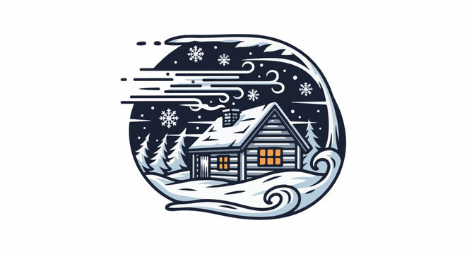 Cozy snow-covered log cabin amidst a winter storm scene
