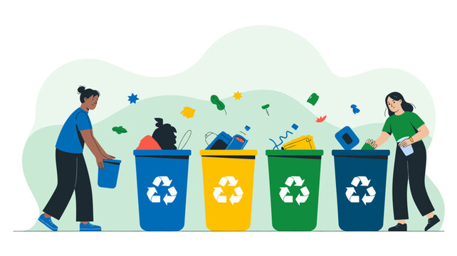 Two people sorting waste into different recycling bins with recycling symbols