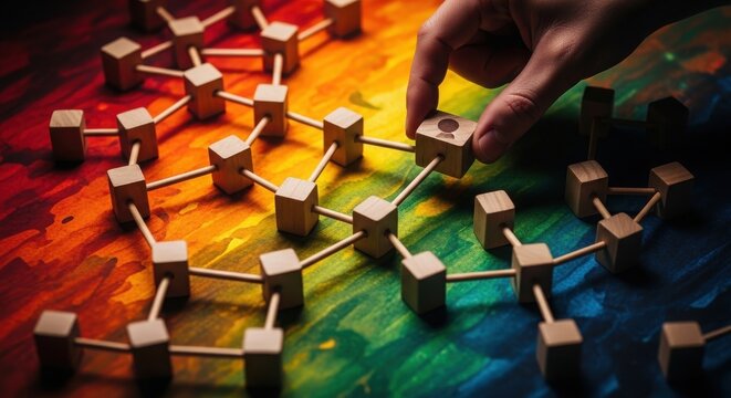 Abstract geometric network with colorful hexagonal tiles