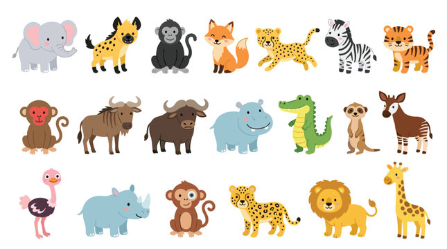 Cute Safari Animal Illustration Set with Elephants, Monkeys, Lions, Zebras, Giraffes, and Hippos for Kids' Designs