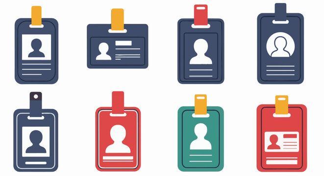 Collection of diverse stylized identification badges with silhouette profiles