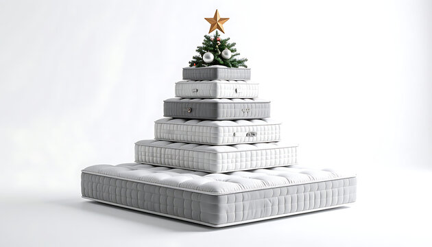 Christmas tree made of stacked mattresses, decorated with ornaments and a star on top, on a white background, holiday sale concept
