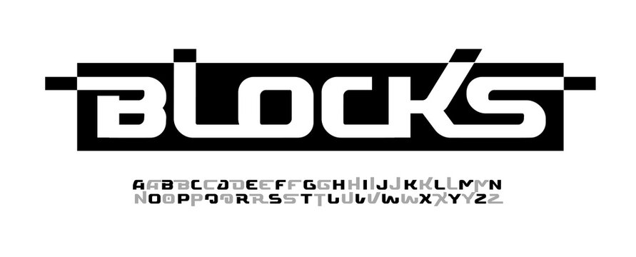 Blocks Font Logo Alphabet Bold Wide Geometric Letter Set Modern Typography, Techno Typographic Design for Title Text, Sport Poster Headline, Type Symbol Logotype, Abstract Fonts. Vector Typeface