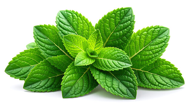 Fresh green mint leaves cluster, aromatic herb with detailed texture, perfect for culinary and wellness concepts
