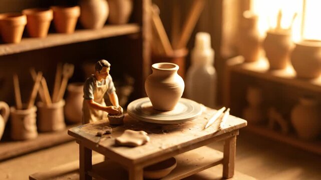 Miniature potter figurine shaping clay on a spinning wheel with tools and clay beside a finished vase in a pottery studio with shelves of pots displayed