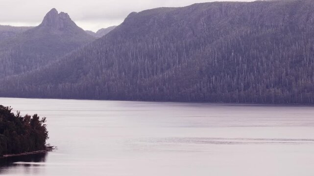 Mount Ossa peak over Lake St Clair in Tasmanian national park of Australia &ndash; aerial sunrise.