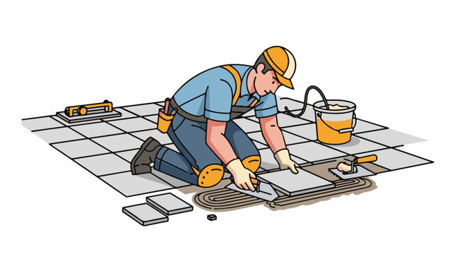 Craftsman laying tiles with tools and supplies on floor