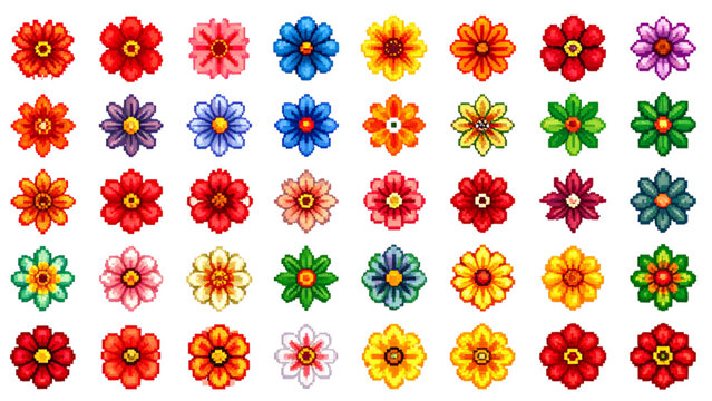 Collection of pixel art flowers in various colors and styles on a white background