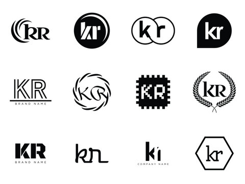 KR logo company template. Letter k and r logotype. Set different classic serif lettering and modern bold text with design elements. Initial font typography.