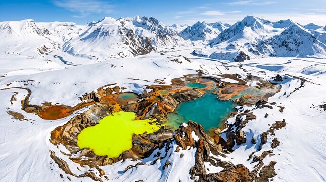 Vibrant surreal mineral pools in striking shades of neon yellow, turquoise, and rust orange contrast sharply against pristine white snow.