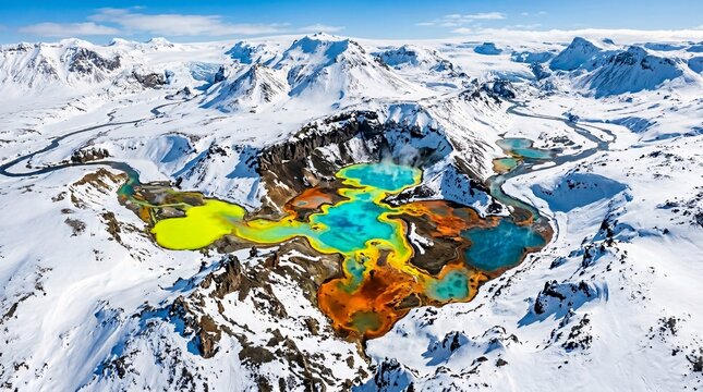 Vibrant surreal mineral pools in striking shades of neon yellow, turquoise, and rust orange contrast sharply against pristine white snow.