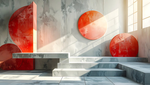 Abstract geometric composition with red circles and cubes on concrete stairs, industrial interior with natural light and shadows