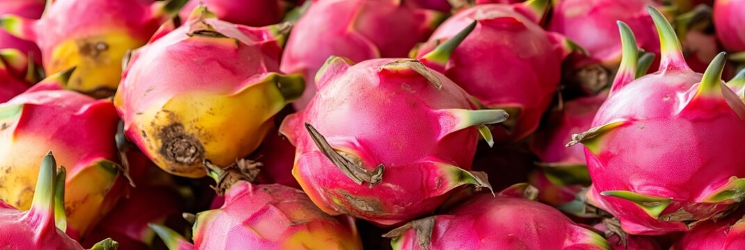 Vibrant and Colorful Still Life of Exotic Whole Dragon Fruit with Magenta and Yellow Hues