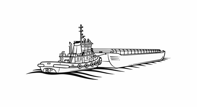 Cartoon tugboat pulling a long barge across wavy water