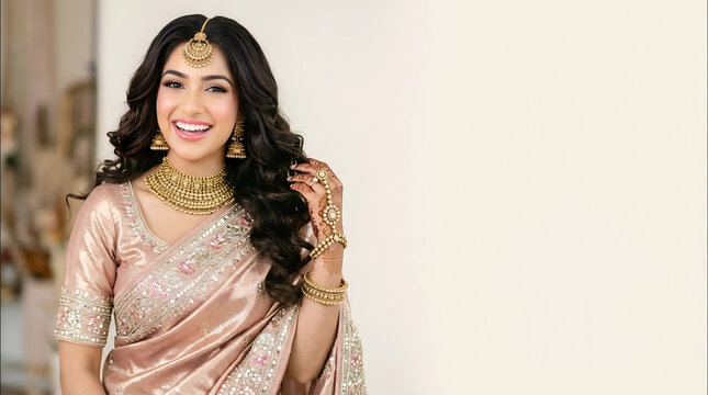 Capturing the radiant smile of a bride in golden drapery with fine kundan craftsmanship and floral background. 🌟🌷💖