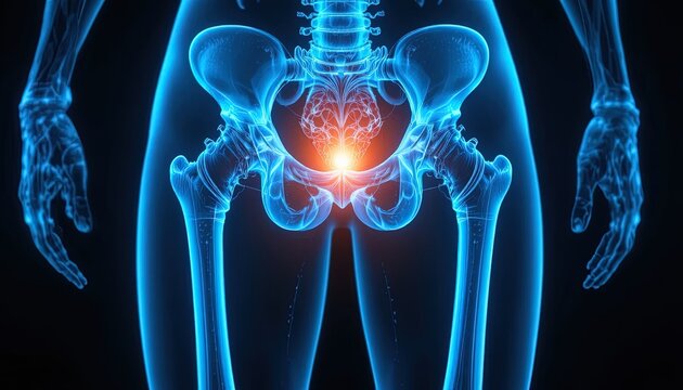 Human anatomy illustration: Detailed view of the pelvis and skeletal structure with internal organs highlighted in vibrant orange and blue hues for educational and medical purposes.
