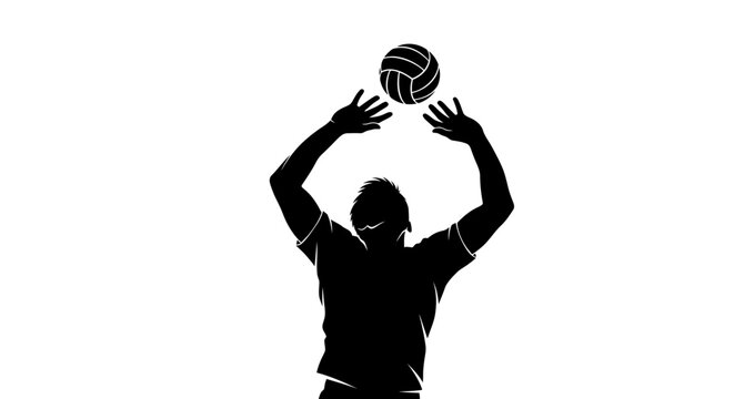 Dynamic athletic volleyball player silhouette jumping for a spike, minimalist black vector flat icon isolated on white background, professional sports action pose for graphic design.