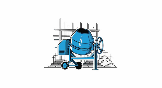Blue cement mixer with wheels sits beside a pile of gravel