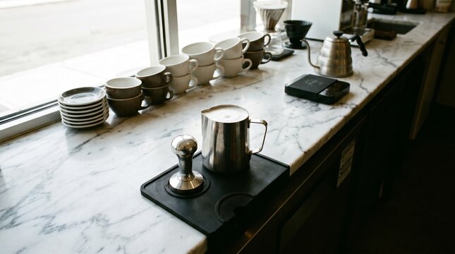 A steaming cup of black coffee sits on a white table in a modern kitchen restaurant interior where a morning breakfast break features fresh caffeine and hot beverages