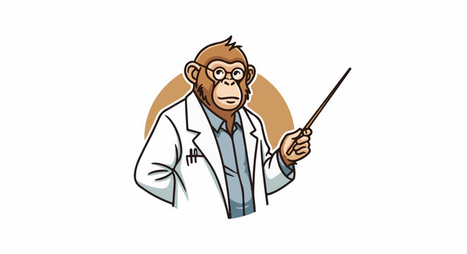 Cartoon scientist monkey in lab coat gestures with pointer stick