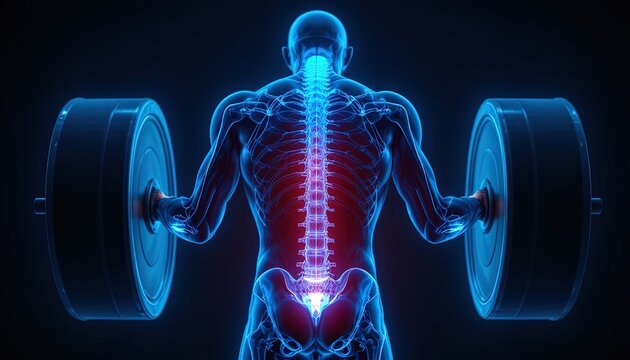 Human Anatomy Illustration of Spine with Barbell - Back Pain Concept, Fitness and Health Visualization