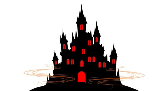 haunted castle at night with glowing windows