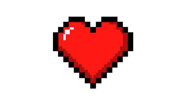 Vibrant Red Pixel Art Heart Icon Isolated on White Background, Retro 8-Bit Gaming Graphic Symbol representing Love, Romance, and Digital Passion for Web Design Elements