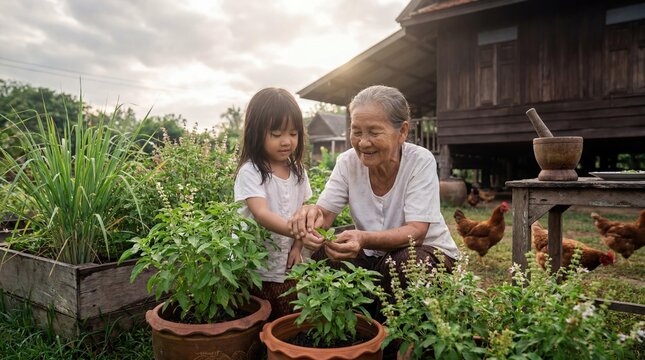 Elderly Southeast Asian grandmother teaching young granddaughter to pick herbs in a lush garden beside a traditional wooden house with free-range chickens