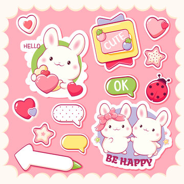 Vector Set of sticker in kawaii style. Cute eye-catching tag, label with little bunny, heart, speech bubble. Collection of cozy sticker. Can be used for t-shirt print, sticker, badge, greeting card