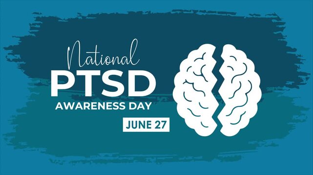 National PTSD Awareness Day animation with brain illustration on textured brush background, conveying mental health awareness and support.