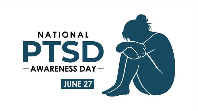 National PTSD Awareness Day animations featuring brain icons, human silhouettes, and emotional visual metaphors such as rain clouds and stress signals.