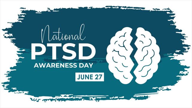 National PTSD Awareness Day animation with brain illustration on textured brush background, conveying mental health awareness and support.