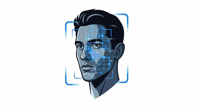 Digital overlay on a man's face, indicating facial recognition technology