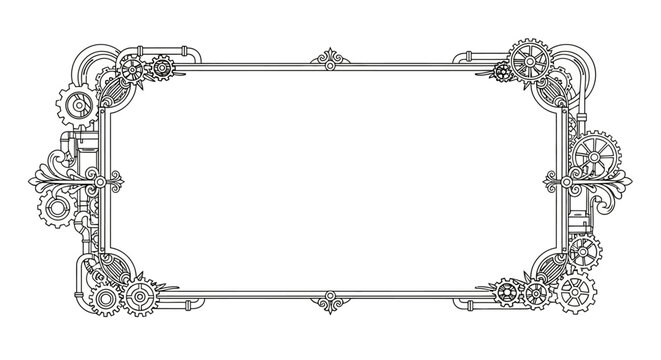 Ornate Victorian Steampunk Outline Frame with Intricate Gear and Mechanical Clockwork Element Isolated on a Clean White Background Minimalist Flat Vector Icon Illustration Design