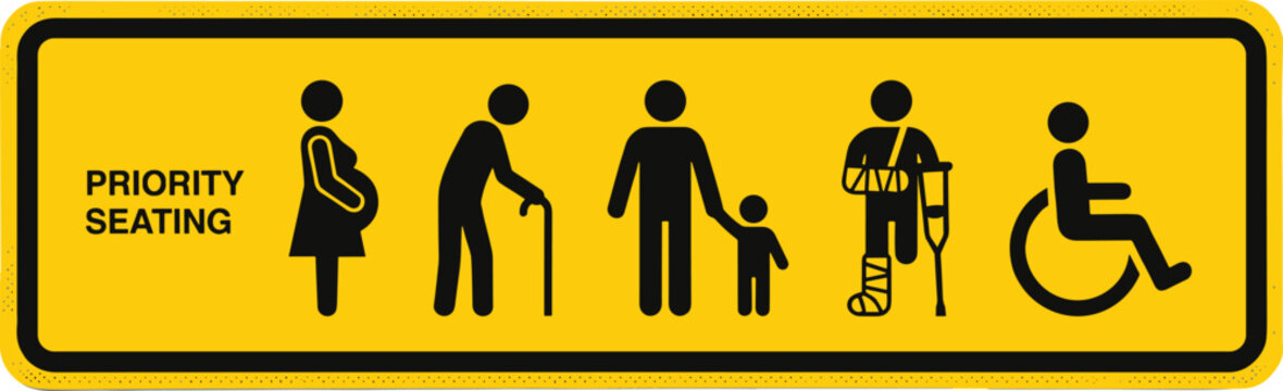 Priority Seating Sign. Priority seating sign with elderly disabled pregnant and child icons public transport symbol