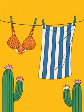A retro-style illustration of a polka-dot bikini and striped towel drying on a clothesline, with cacti in the foreground against a vibrant yellow background.