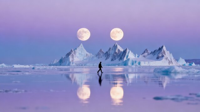 Person walking on icy surface with two moons