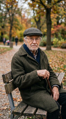 Fototapeta premium Lonely elderly man wearing flat cap sitting on wooden bench in autumn park with cane