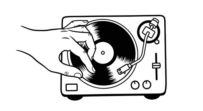 Artistic Hand Drawn Black Turntable Symbol Representing Electronic Dance Music Equipment Isolated on White Background for Minimalist Graphic Design and Club Culture Illustration