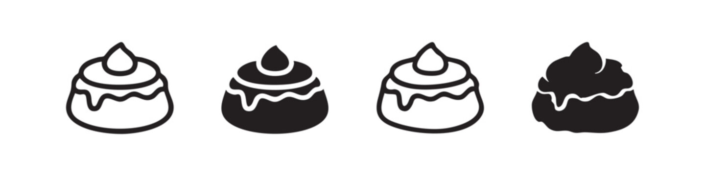 Set of sweet dessert or cream bun icons. Hand drawn, outline and silhouette vector illustration of a semla pastry.