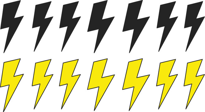 Lightning bolt icon set, power design collection, lightning strike and energy charge symbols,