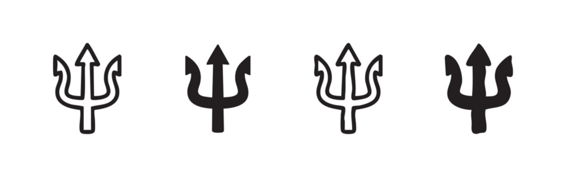 Set of trident weapon icons for sea mythology. Hand drawn, outline and silhouette vector illustration.
