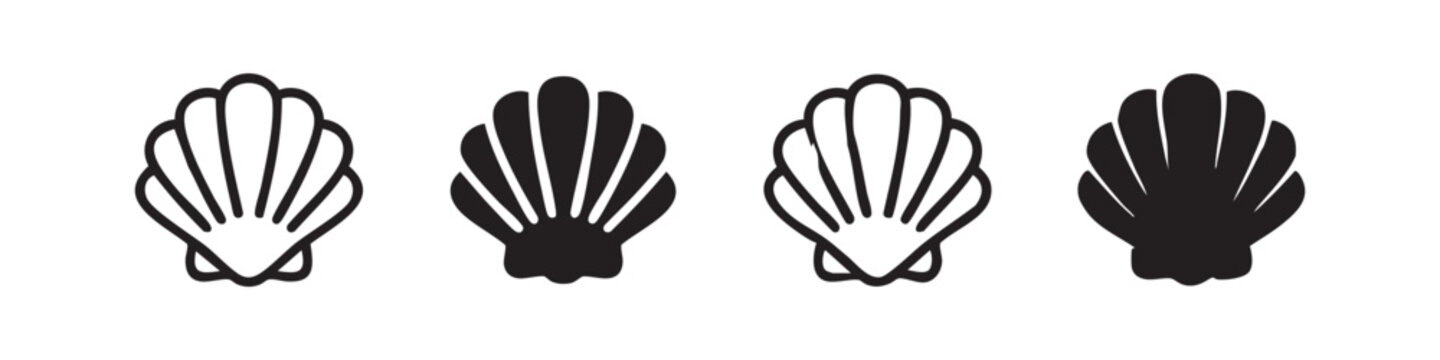 Set of nautical sea shell icons. Hand drawn, outline and silhouette vector illustration of scallop shells.