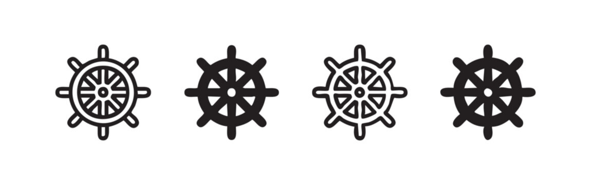 Set of ship steering wheel or helm icons. Hand drawn, outline and silhouette vector illustration of nautical wheels.