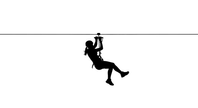 Active woman silhouette participating in a fast zipline adventure activity, minimalist black vector profile of a female person on a cable wire, isolated on white background flat icon graphic.