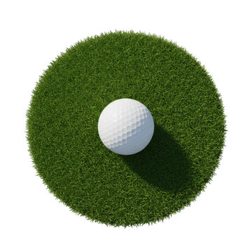 White golf ball on a circular patch of green grass isolated on a transparent background