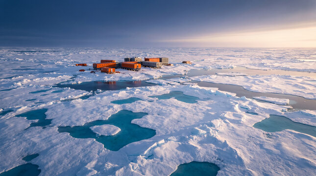 A polar research station at blue hour, the utilitarian orange and grey buildings tiny against a vast field of fractured sea ice, melt pools