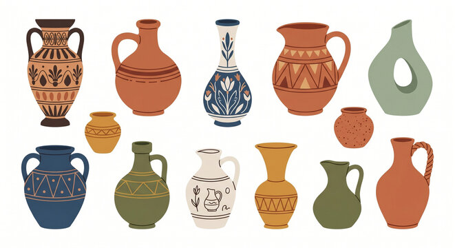 Large set of various ceramic vases jugs and amphorae with ethnic patterns on plain white background.