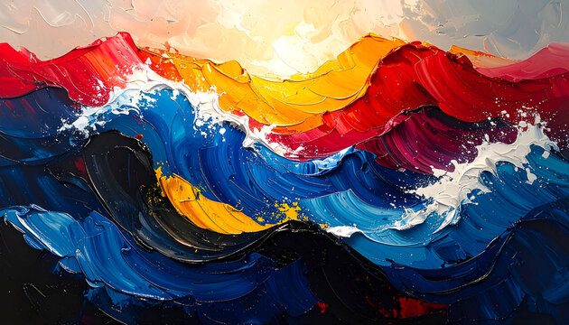 Vibrant Abstract Seascape Painting with Energetic Waves and Golden Sun.
